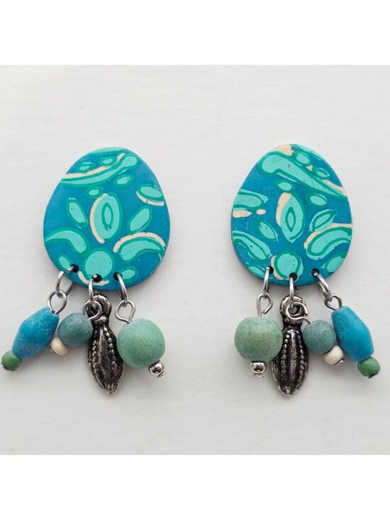 Handmade Jewelry - Wooden Boho Teardrop Earrings With Wooden Beads & Metal Charms